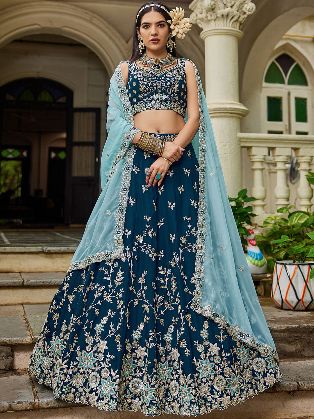 panchhi Navy Blue Embroidered Sequinned Organza Semi-Stitched Lehenga & Blouse With Dupatta