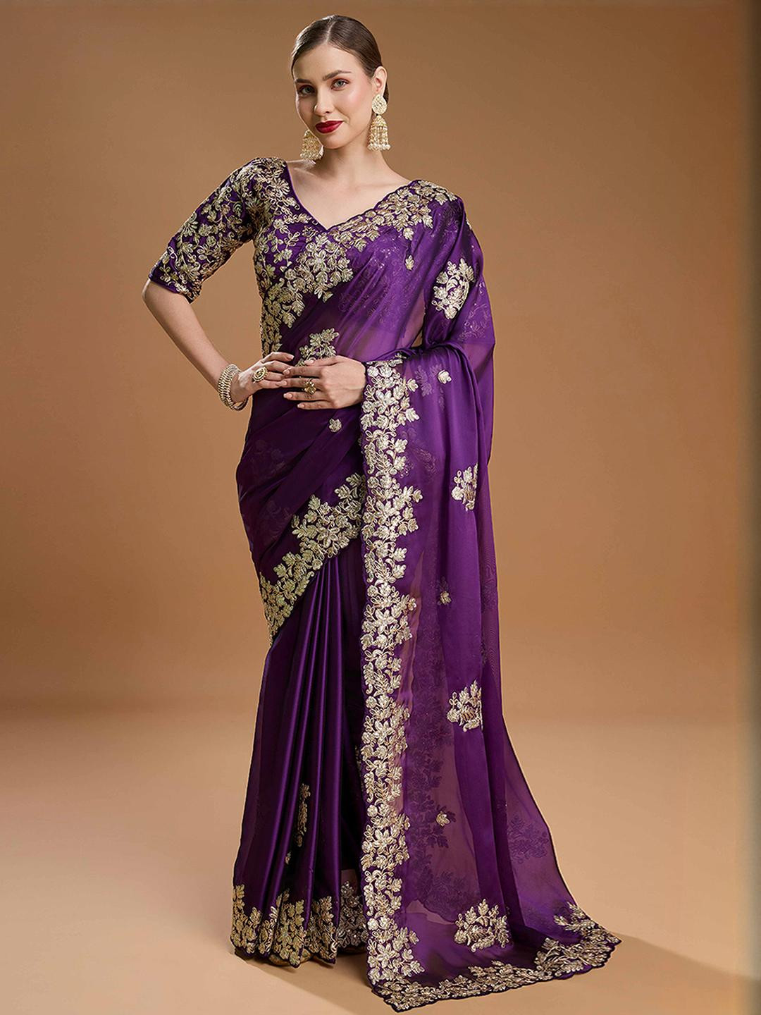 Peachmode Purple Organza Embroidered Saree