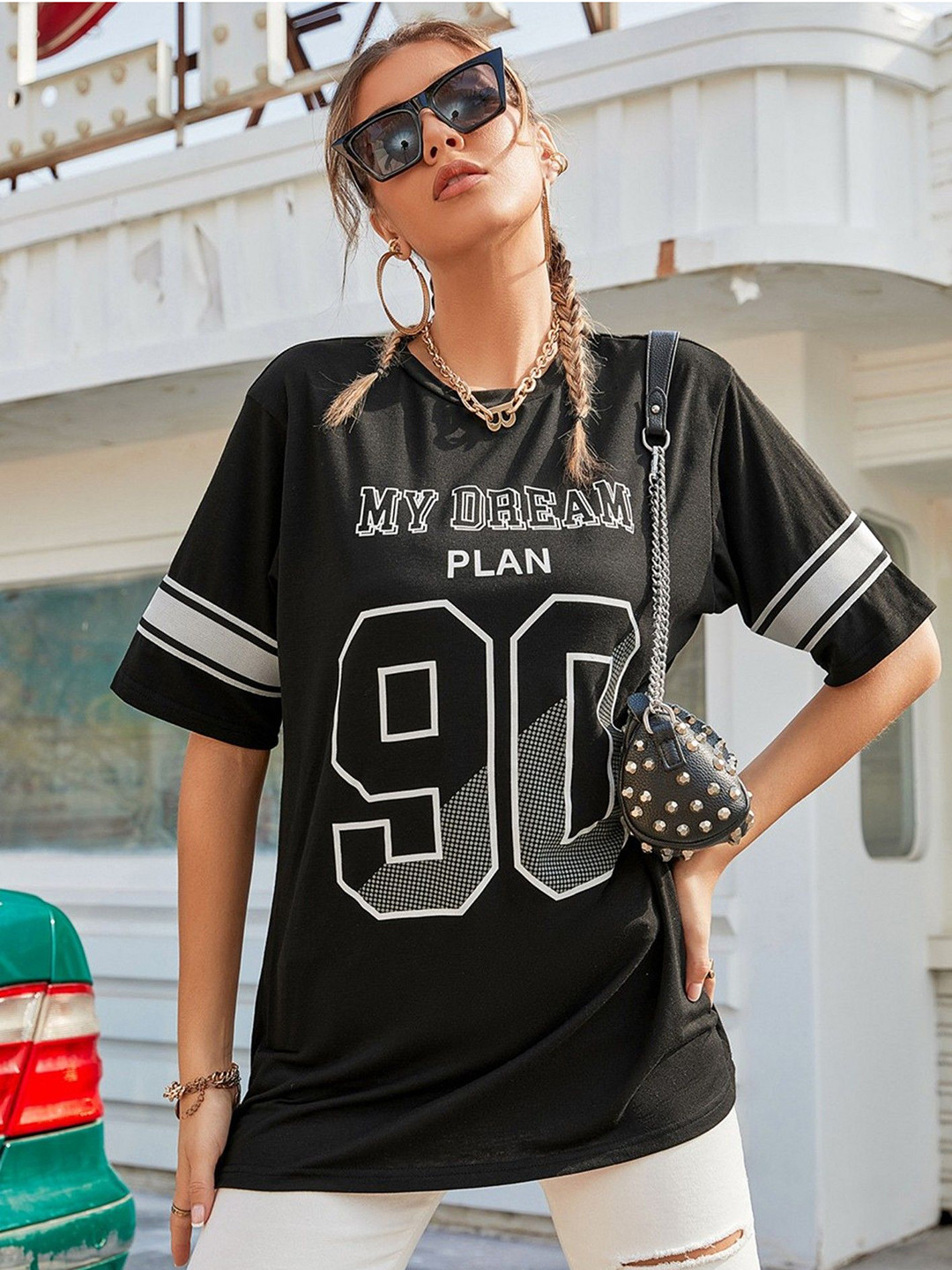 Christy World Women Varsity Printed Round Neck Oversized T-shirt