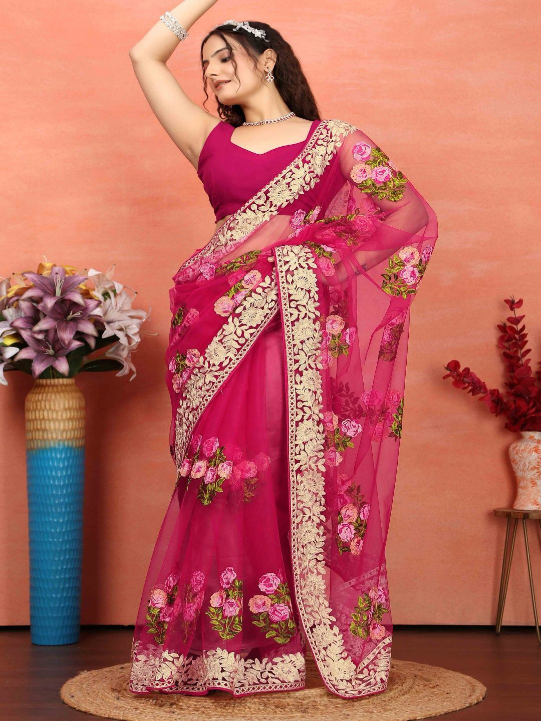 Zili Net Floral Printed Embroidered Bhagalpuri Saree