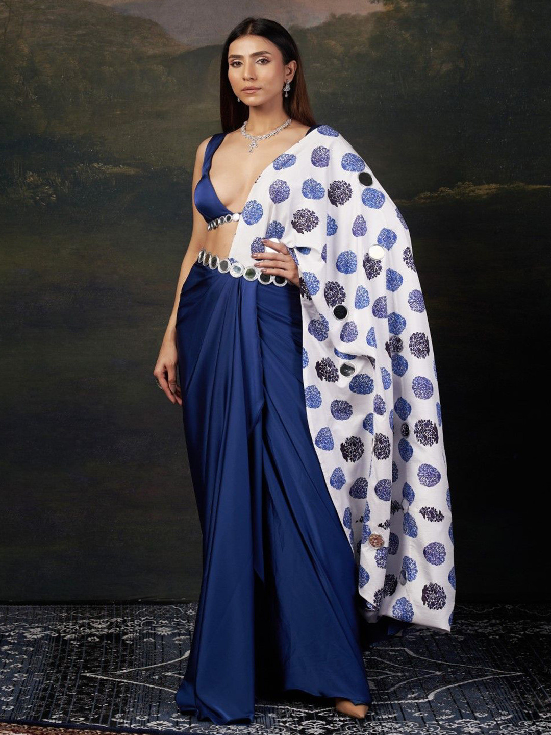 THETAA Mirror Work Pre-Draped Buti Print Saree with Blouse