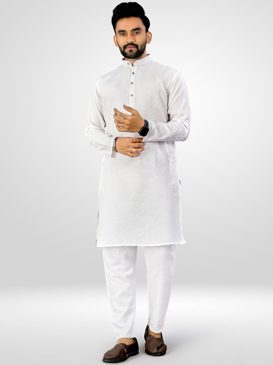 Ae Aahira Enterprise Geometric Woven Design Mandarin Collar Pure Cotton Straight Kurta