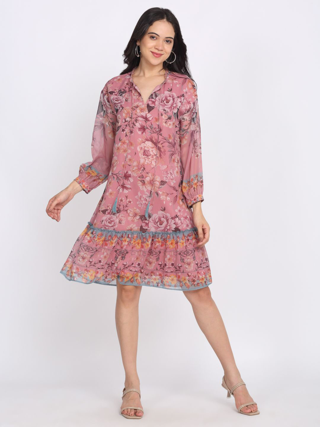 SHAYE Dusty Pink Tie-Up Neck Floral Print Three-Quarter Sleeves Casual Dress For Women