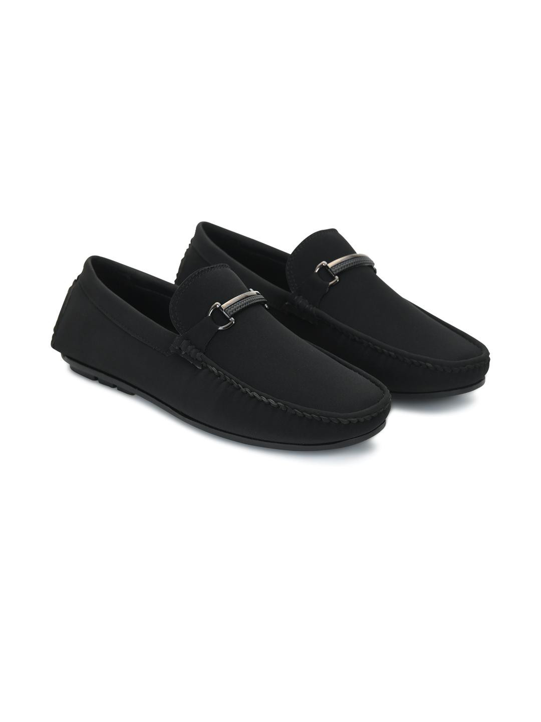 STEPHORN Men Black Suede Slip-On Loafers With Dual-Shade Buckle & TPR Sole
