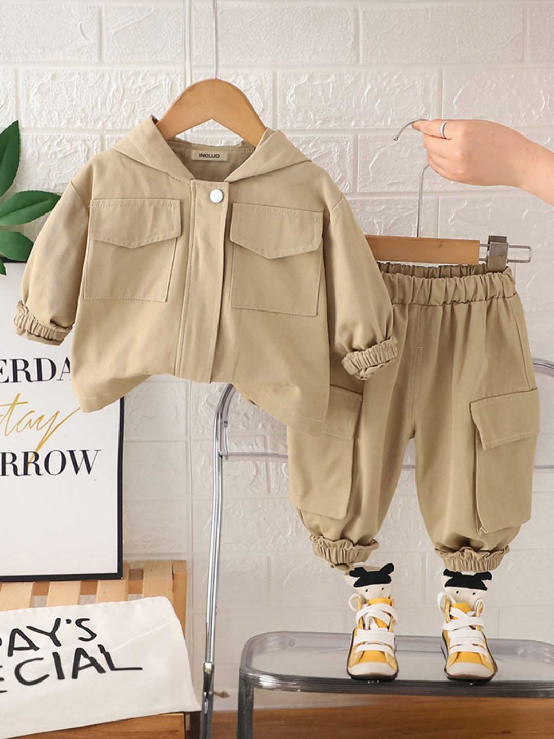 INCLUD Infant Boys Khaki Solid Hooded Jacket With Pants