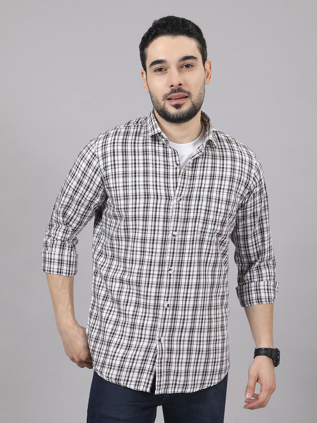 KOMPANION Tartan Checks Checked Spread Collar Roll-Up Sleeves Cotton Shirt