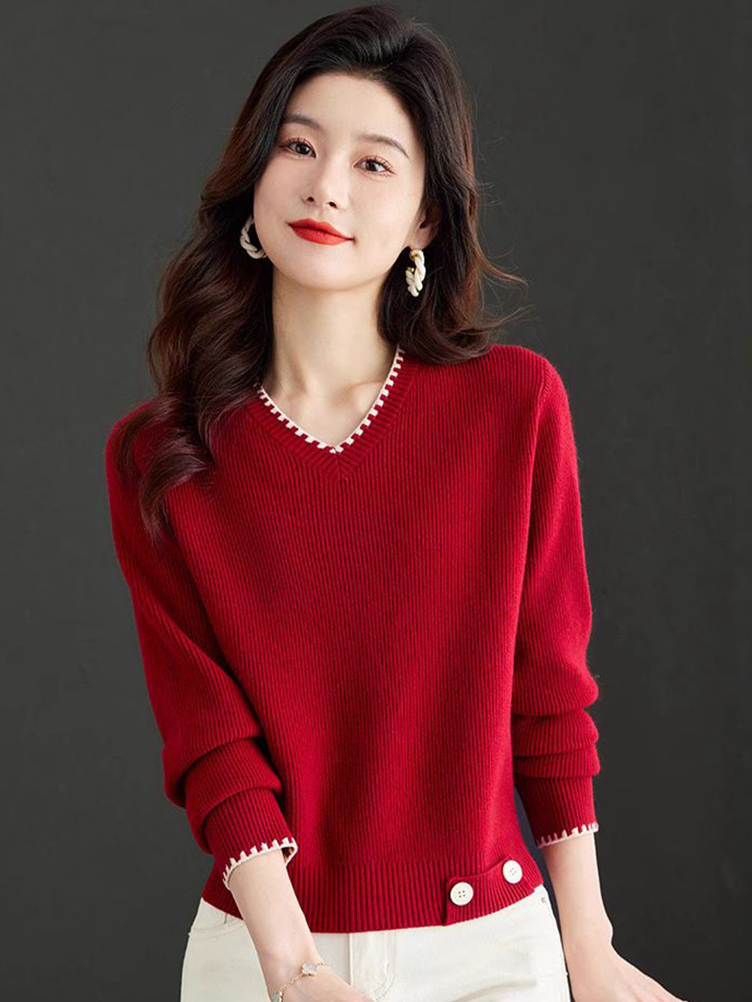 StyleCast Women Cashmere Ribbed V-Neck Pullover
