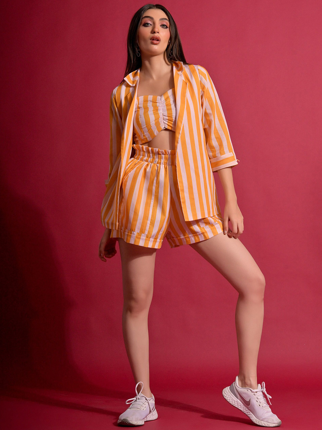 Moda Rapido Striped Tube-Top With Shorts & Front-Open Jacket