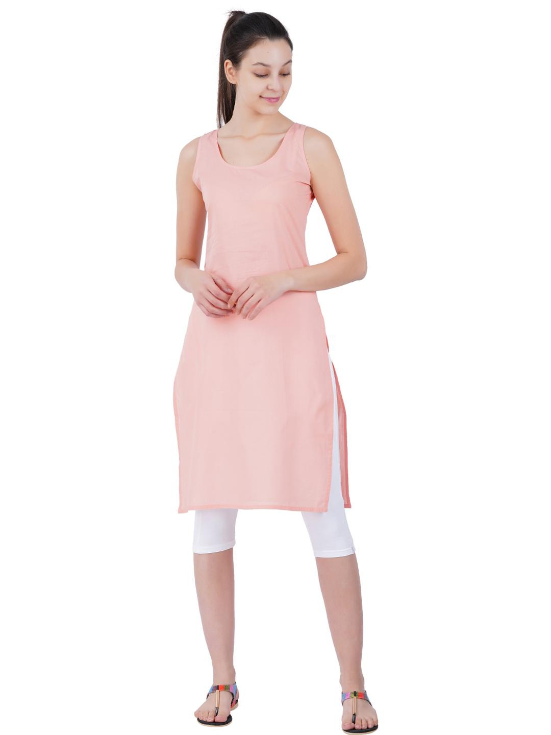 Happy Bunny Women Pack Of 2 White and Peach Cotton Solid Knee Long Inner Slip for Kurti