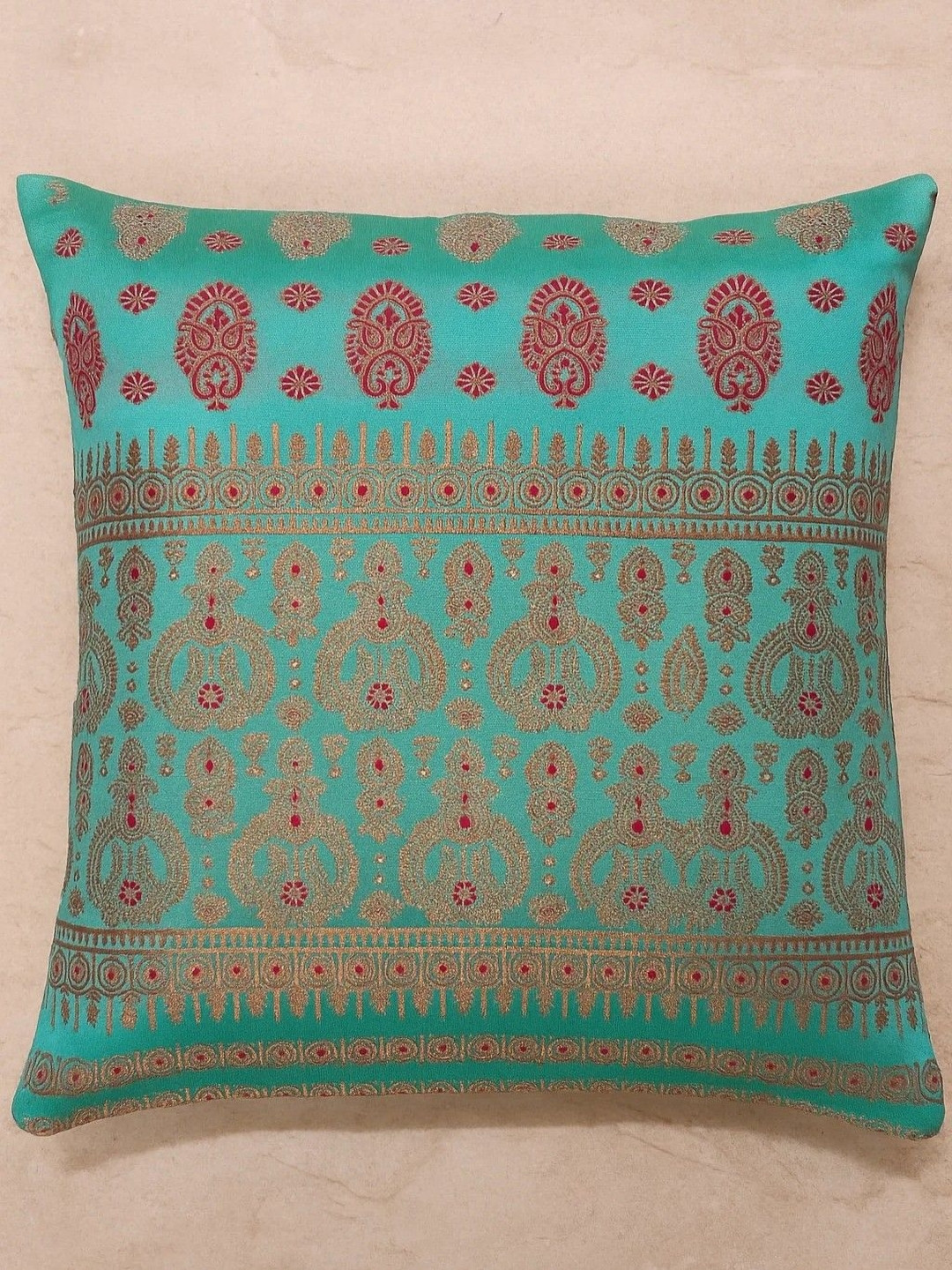 Apaapi Threads of glory Blue & Red Ethnic Motifs Silk Square Cushion Covers