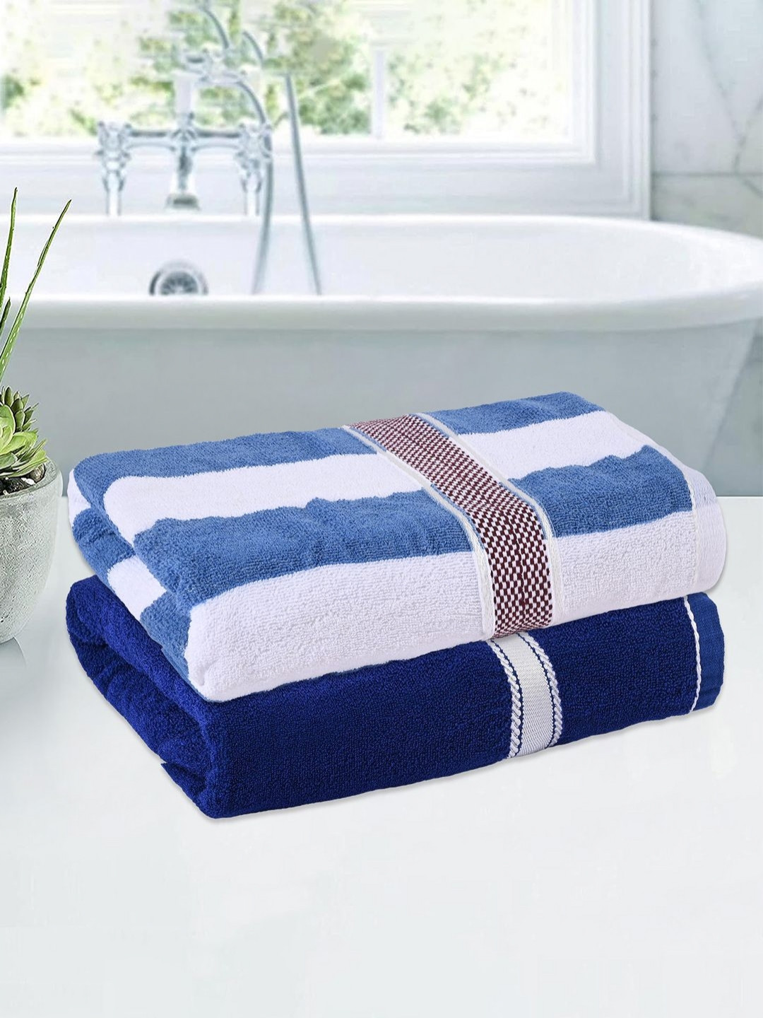 Aura Blue & White 2 Pieces Striped Cotton 350 GSM Bath Towels