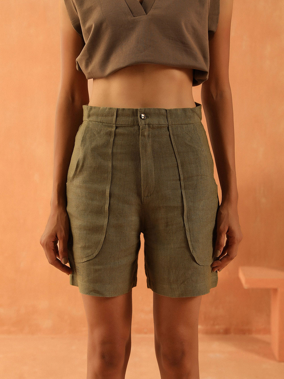 PRIMAL GRAY Women High-Rise Drop Pocket Shorts Linen Regular Shorts