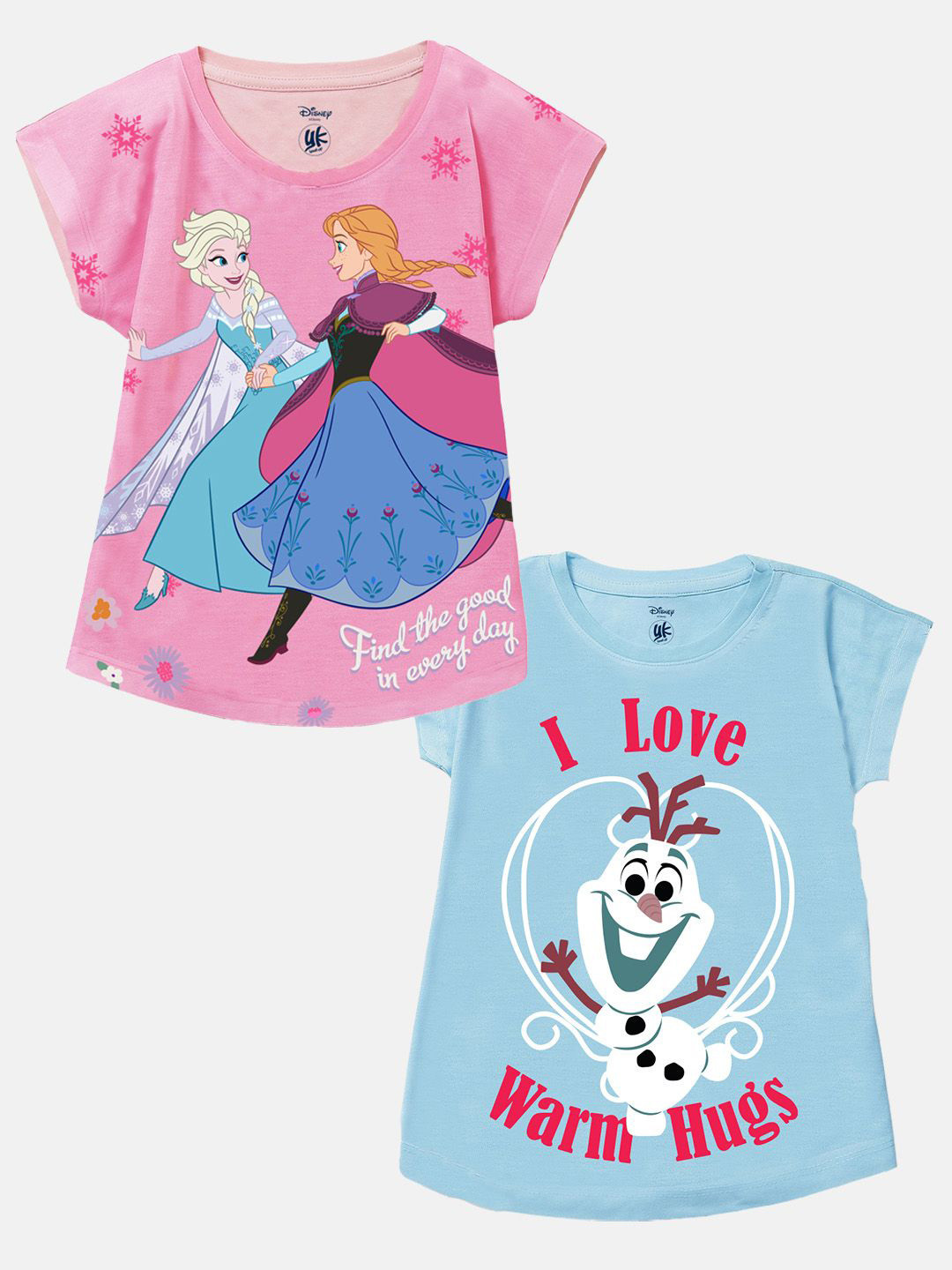 YK Disney Girls Pack of 2 Graphic Printed Cap Sleeves Cotton Tops