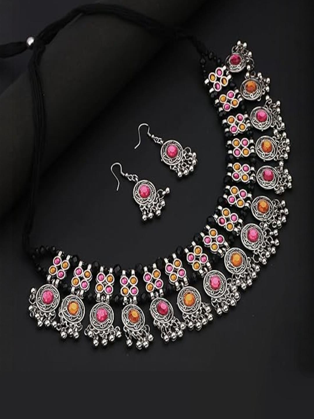 Latest traditional Multi-Color Oxidised Silver-Toned Traditional Necklace Set