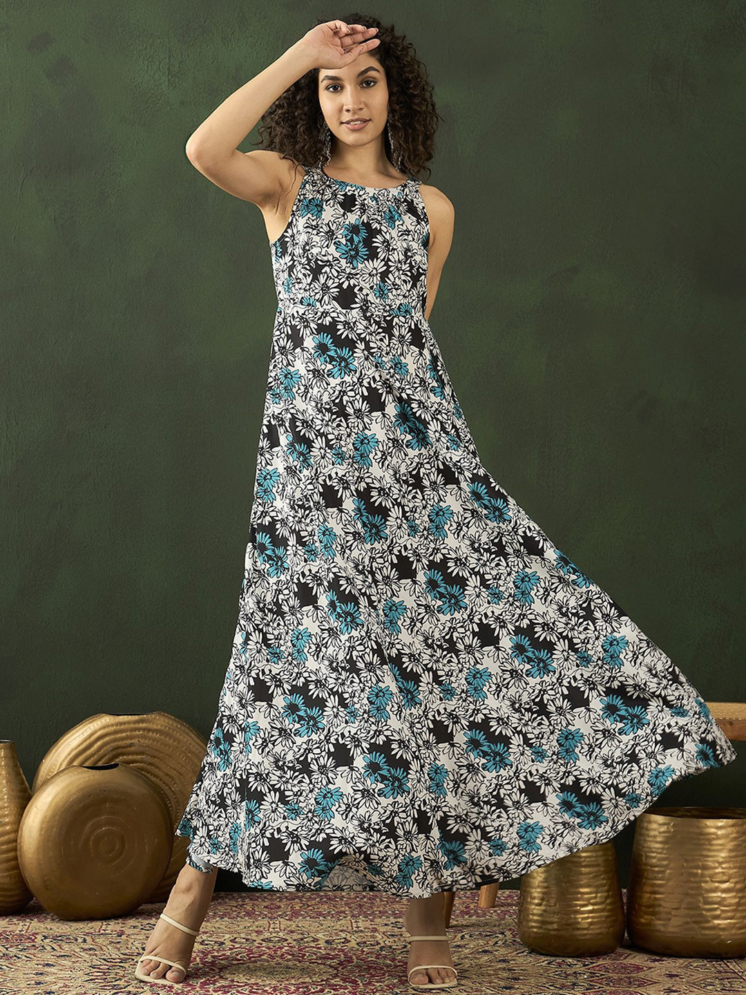 SZN Women Floral Printed Halter Neck Maxi Ethnic Dresses