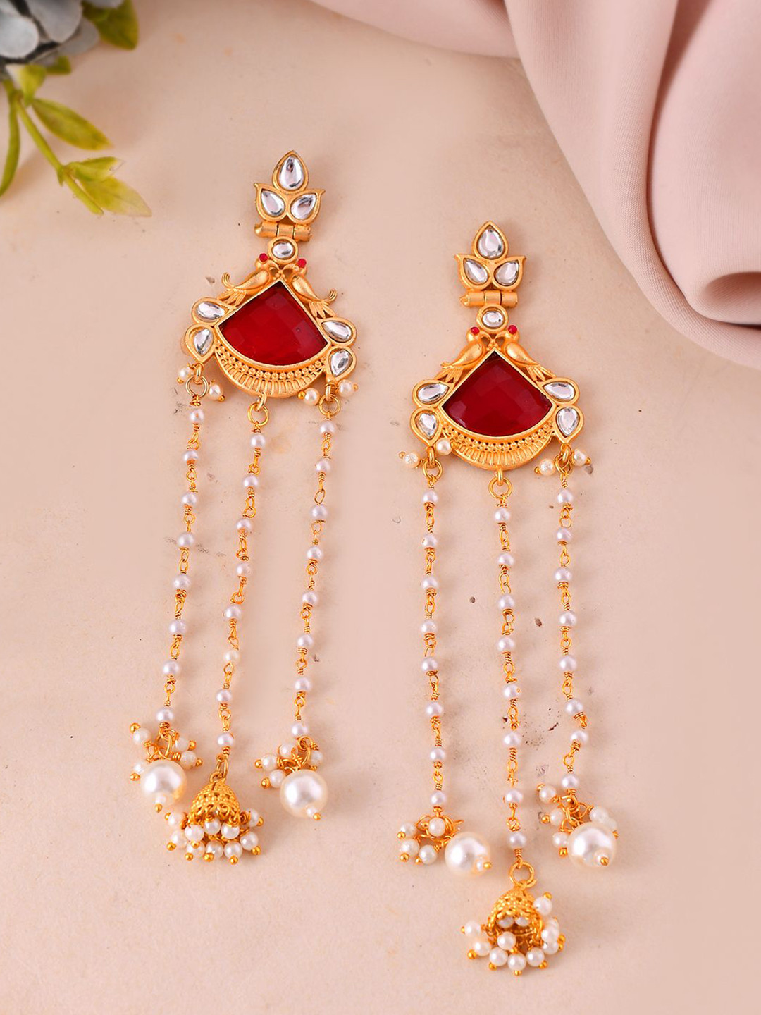 Silvermerc Designs Gold-Plated Pearls Triangular Shaped Drop Earrings