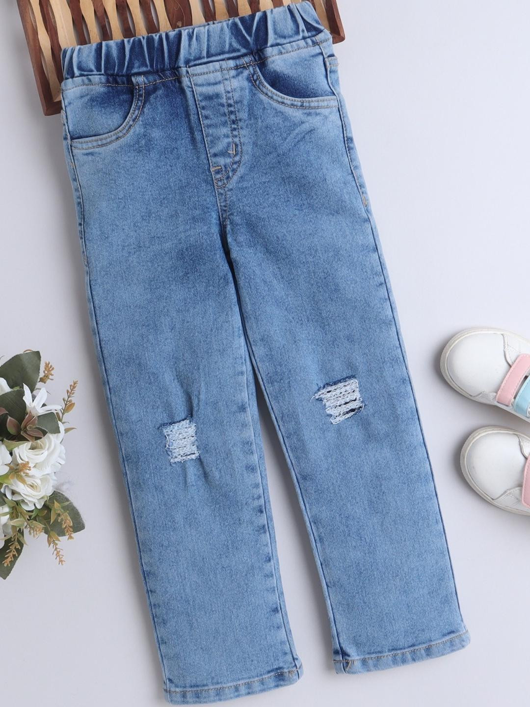 BRIGHT STARS KIDSWEAR Girls Blue Cotton Ripped Full Length Elasticated Mid-Rise Jeans