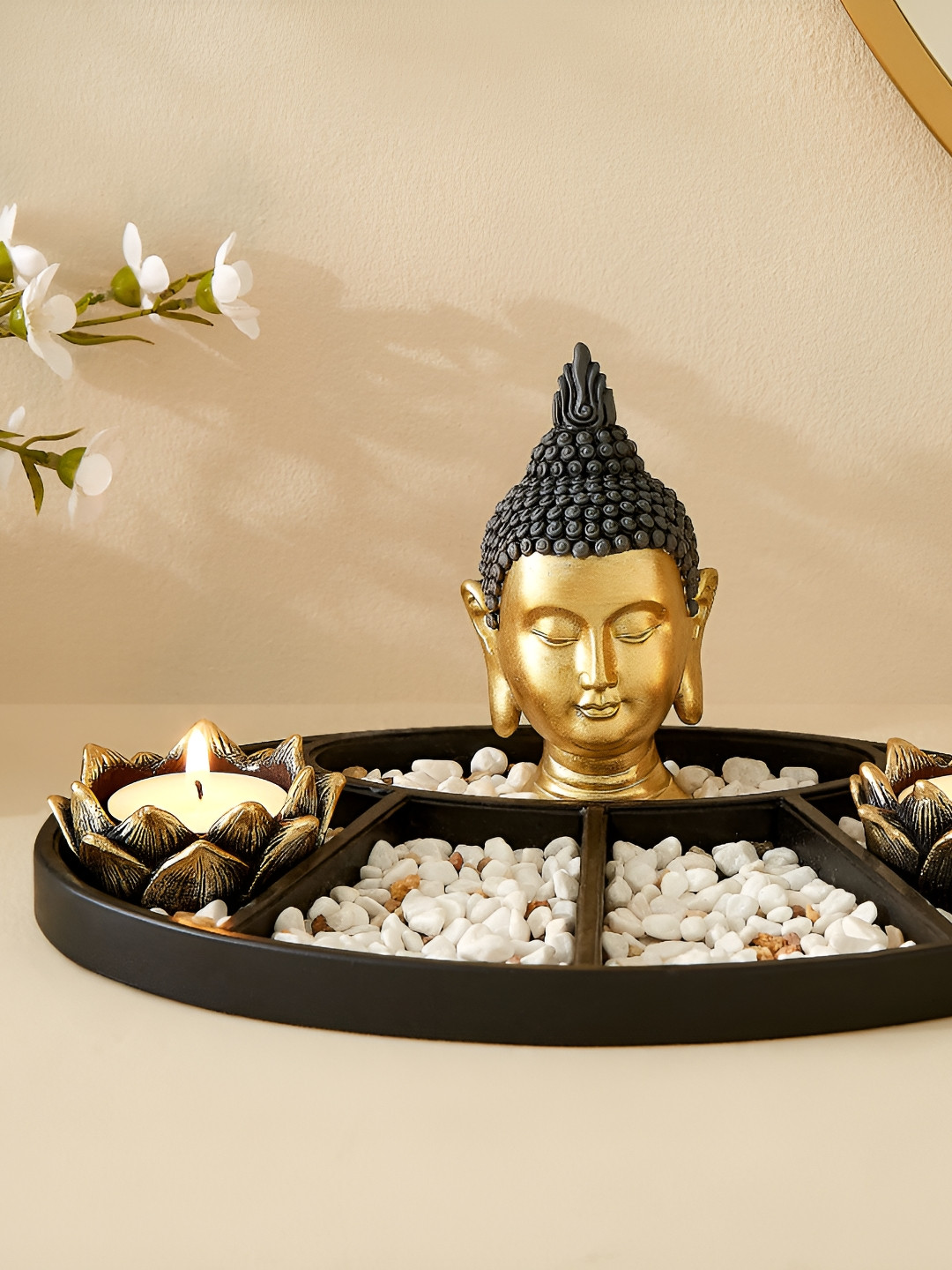 Home Centre Renaissance Erin Brown & Gold Toned 3 Pieces Candle Holders & Buddha Figurine