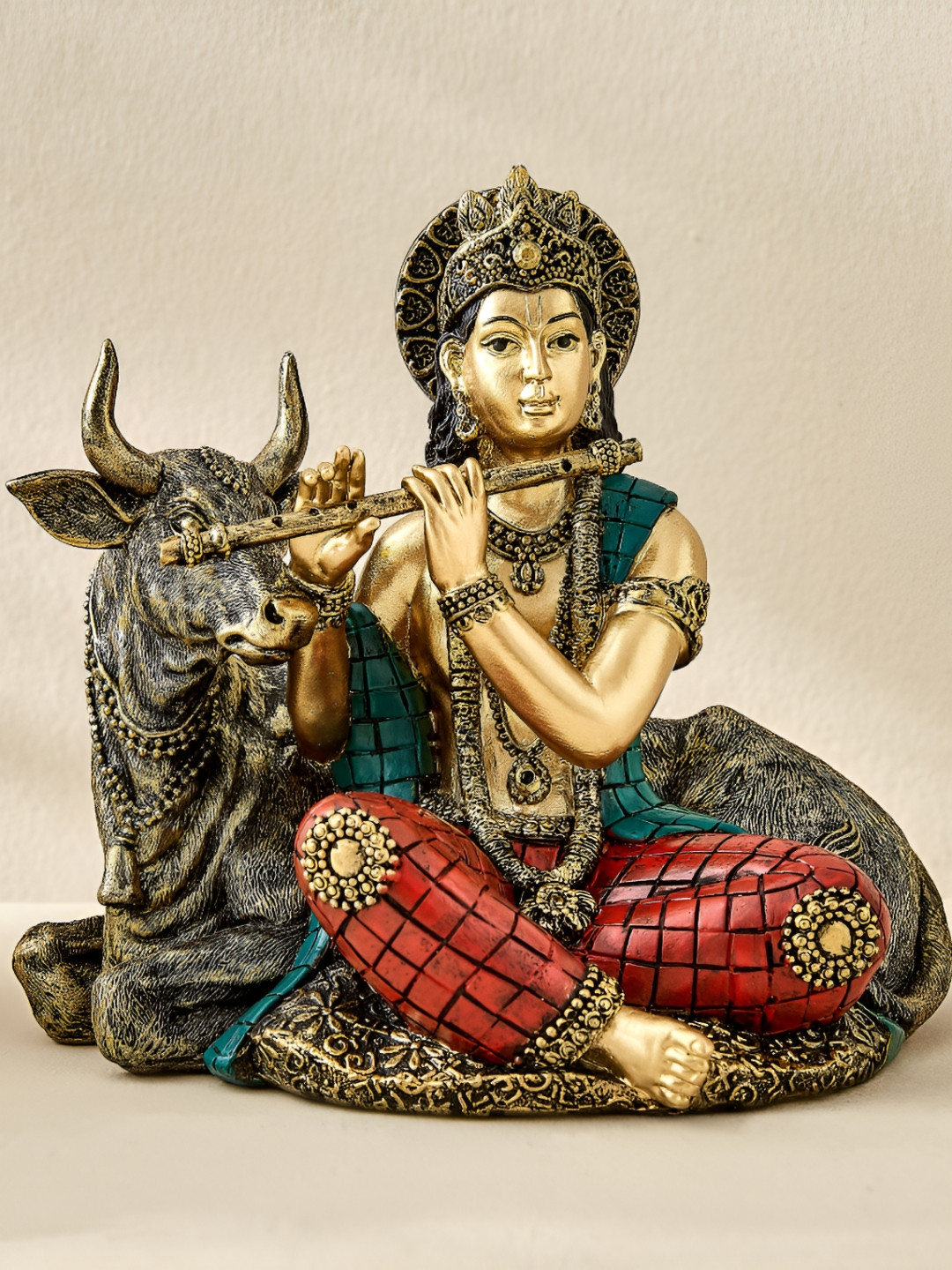 Home Centre Gold-Toned & Red Alpana Ojas Krishna With Cow Religious Figurine Showpiece