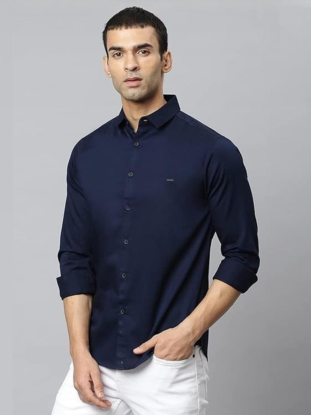 ISUEL FAB Men Navy Blue Cotton Shirts