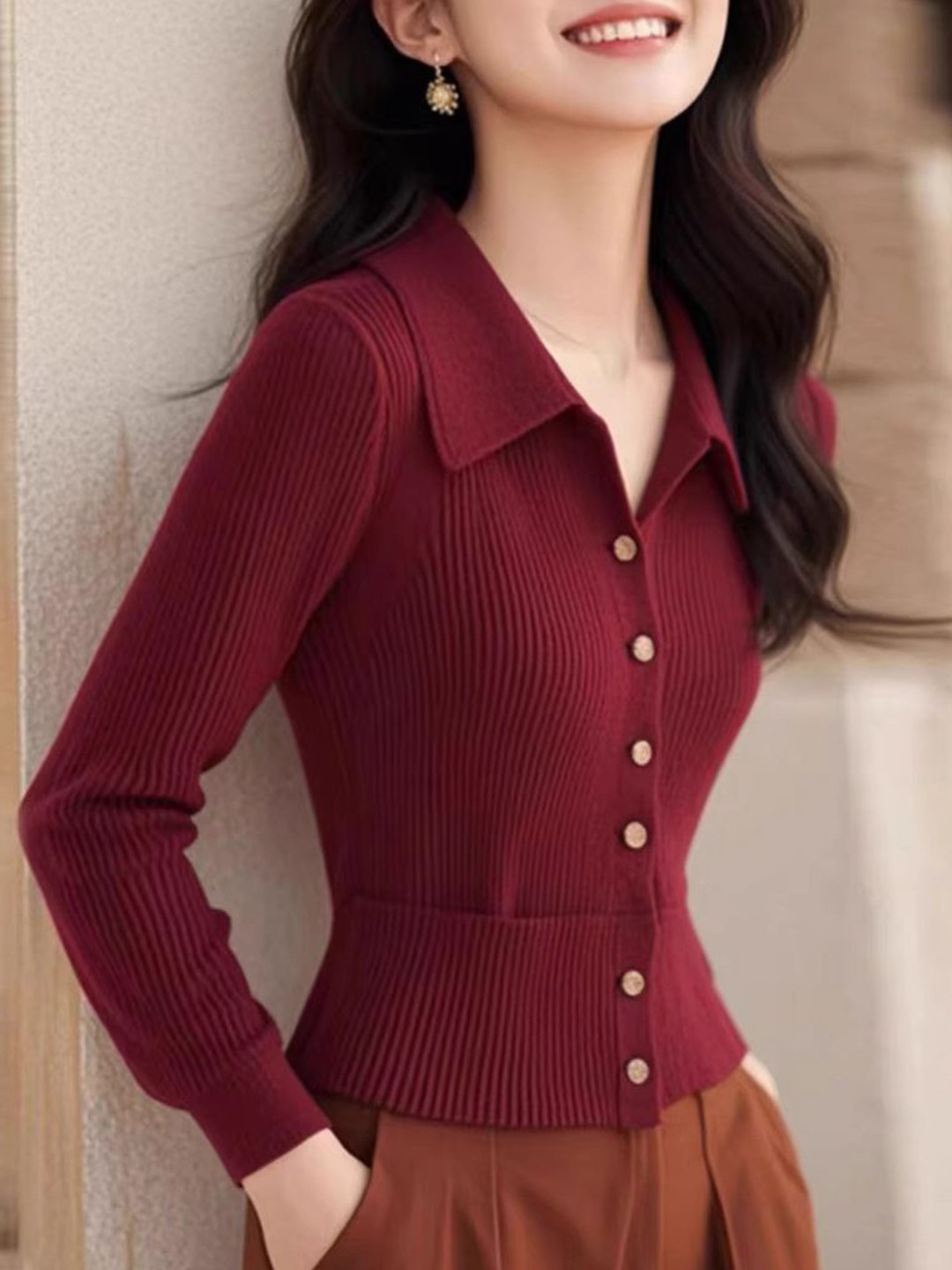 StyleCast Women Ribbed Shirt Collar Cashmere Cardigan