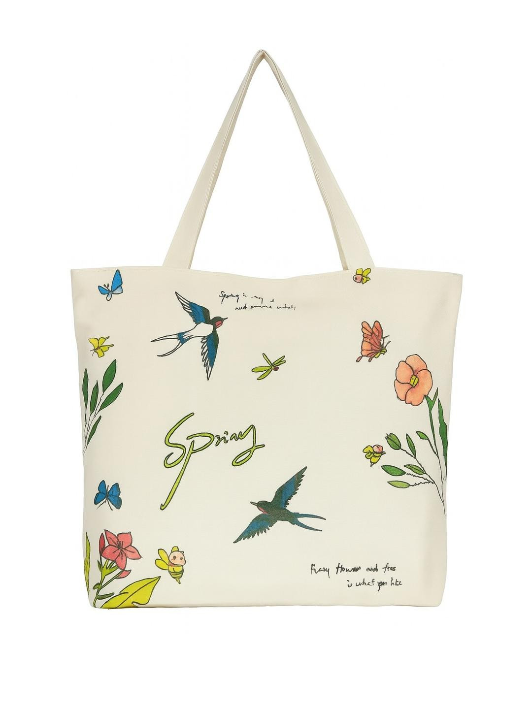 HSR Women White Floral & Bird Print Zipper Closure Canvas Tote Bag