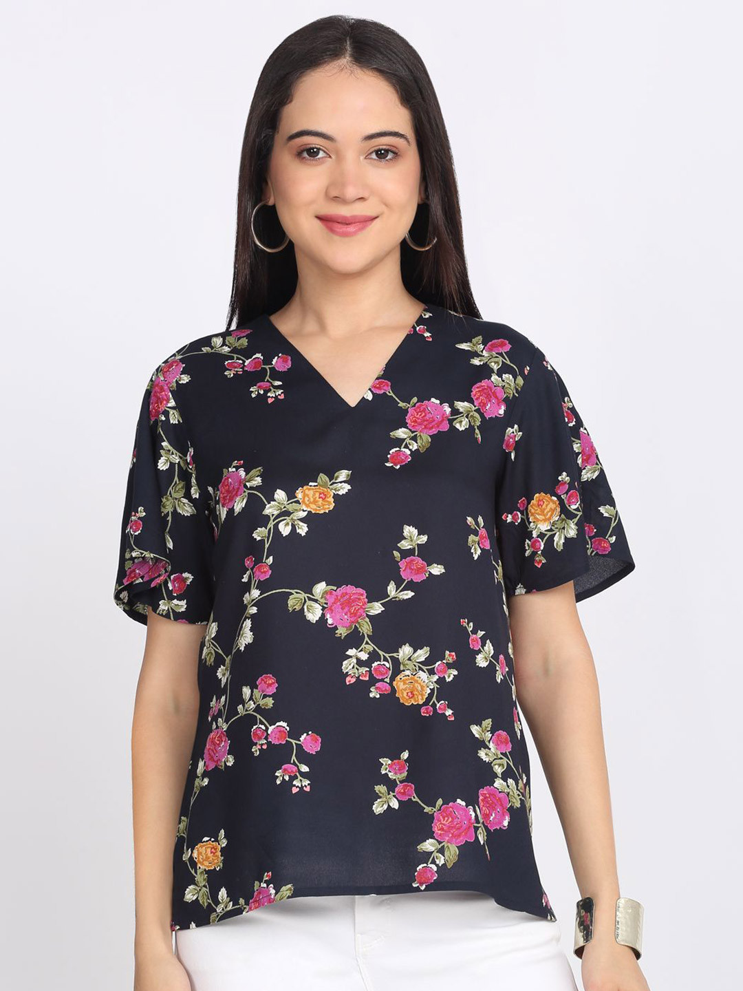 SHAYE Women Navy Blue V-Neck Floral Print Short Sleeves Casual Tops