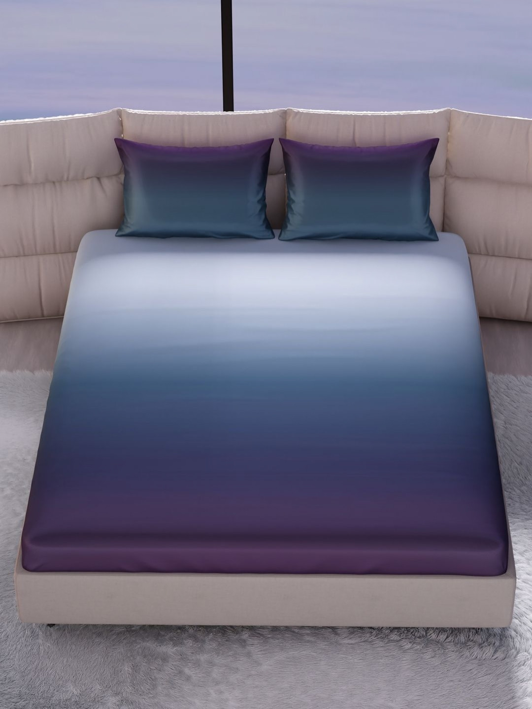 Stoa Paris Green & Purple 300 TC Fitted Double King Bedsheet Set 1.52 m x 1.98 m