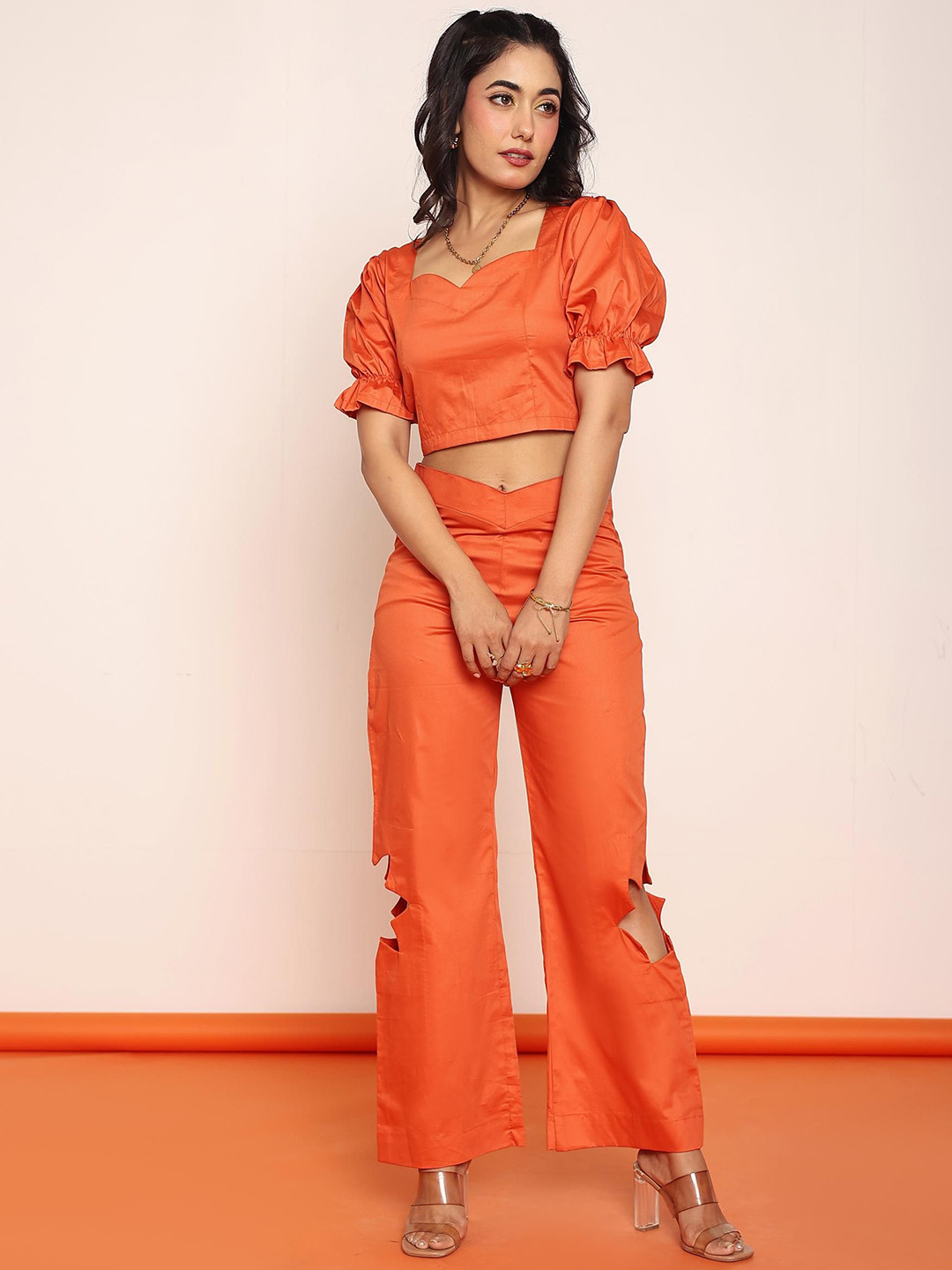 LOVEPRASHA Sweetheart Neck Pure Cotton Crop Top With Flower Cut Trouser