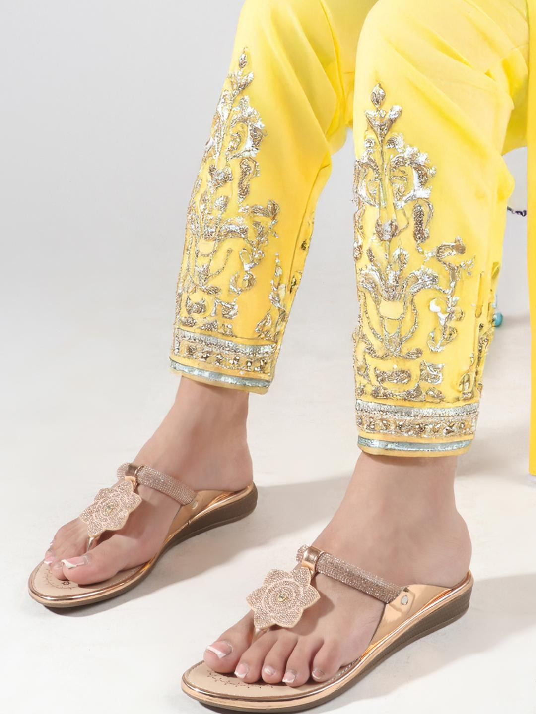 ALBELA Women Rose Gold Embellished Slip-On Ethnic T-Strap Flats