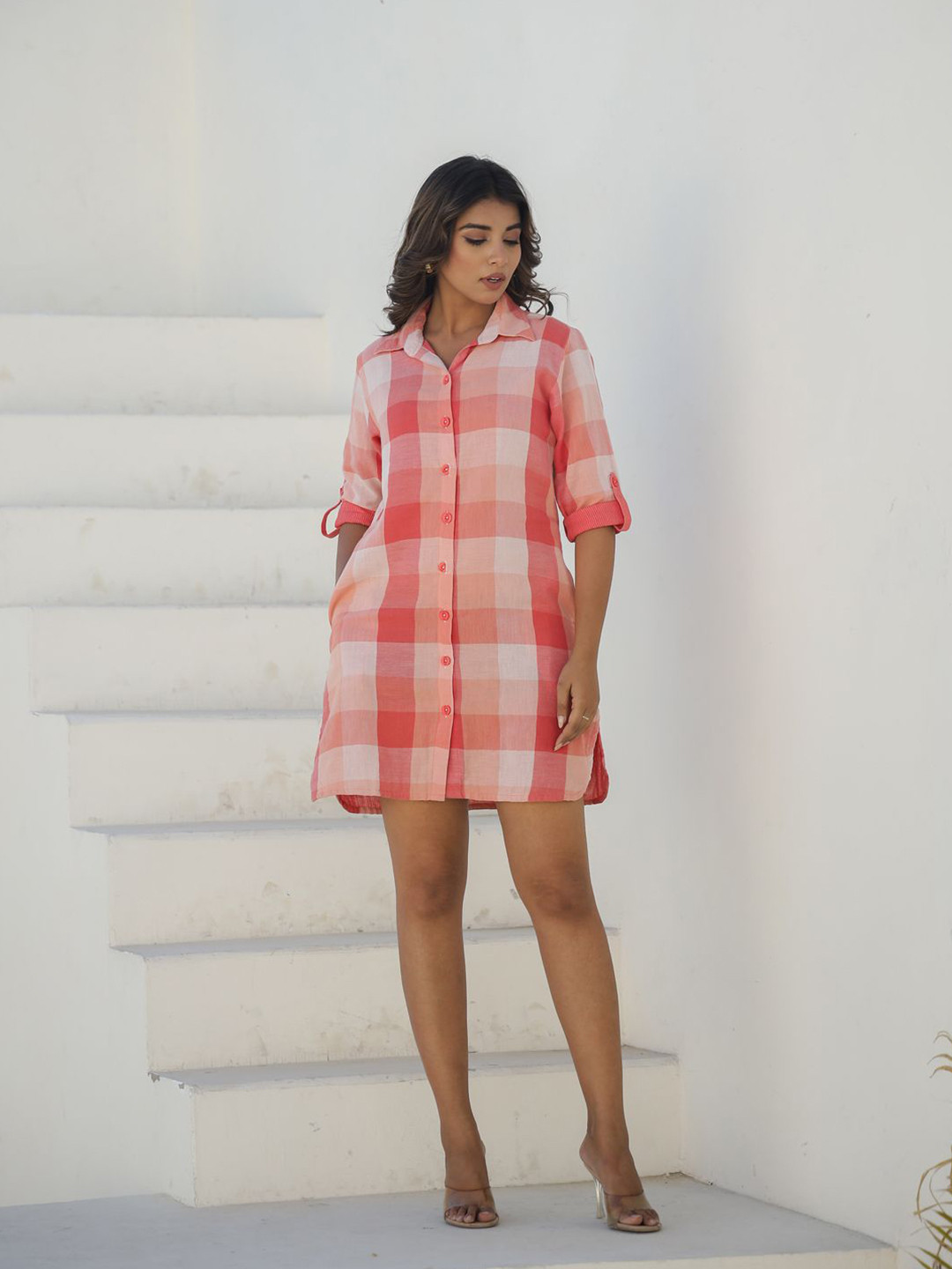 Clt.s Women Checked Roll-Up Sleeves Pure Cotton Mini Shirt Dress