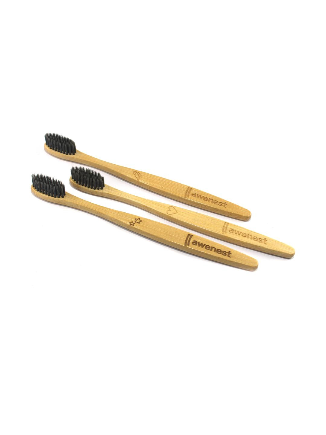 awenest Pack Of 3 Bamboo Toothbrush With Charcoal Activated Soft Bristles