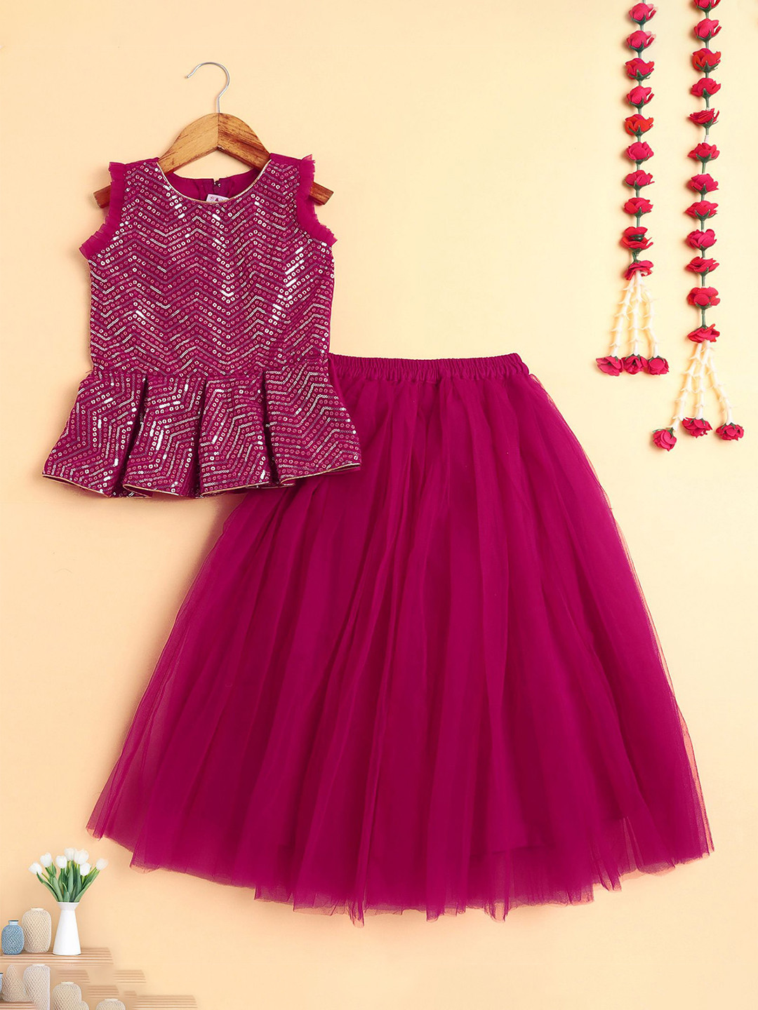 The Magic Wand Girls Embellished Thread Work Ready To Wear Lehenga & Choli