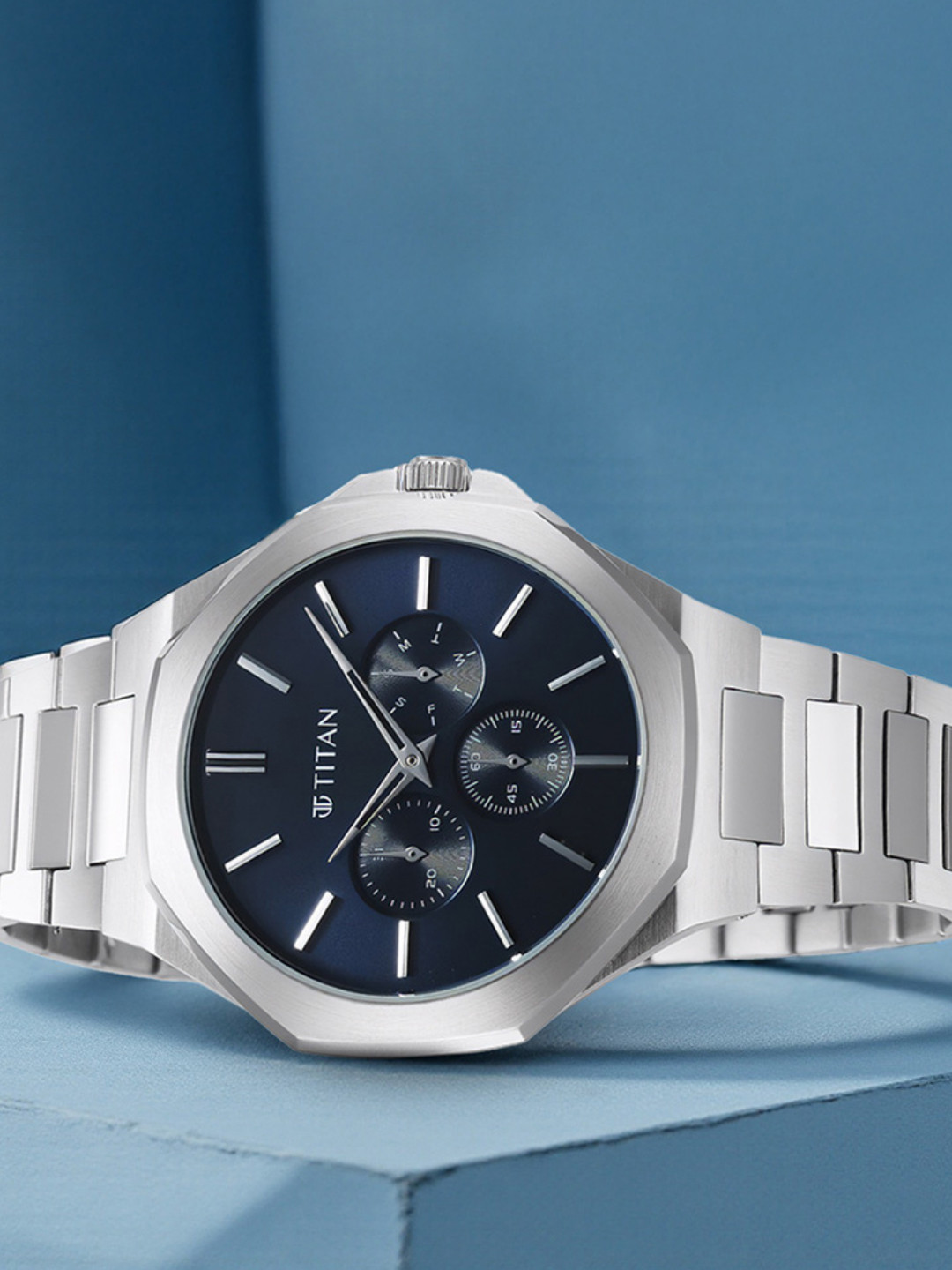 Titan Men Classique Blue Stainless Steel Analogue Multi Function Watch-90198SM01