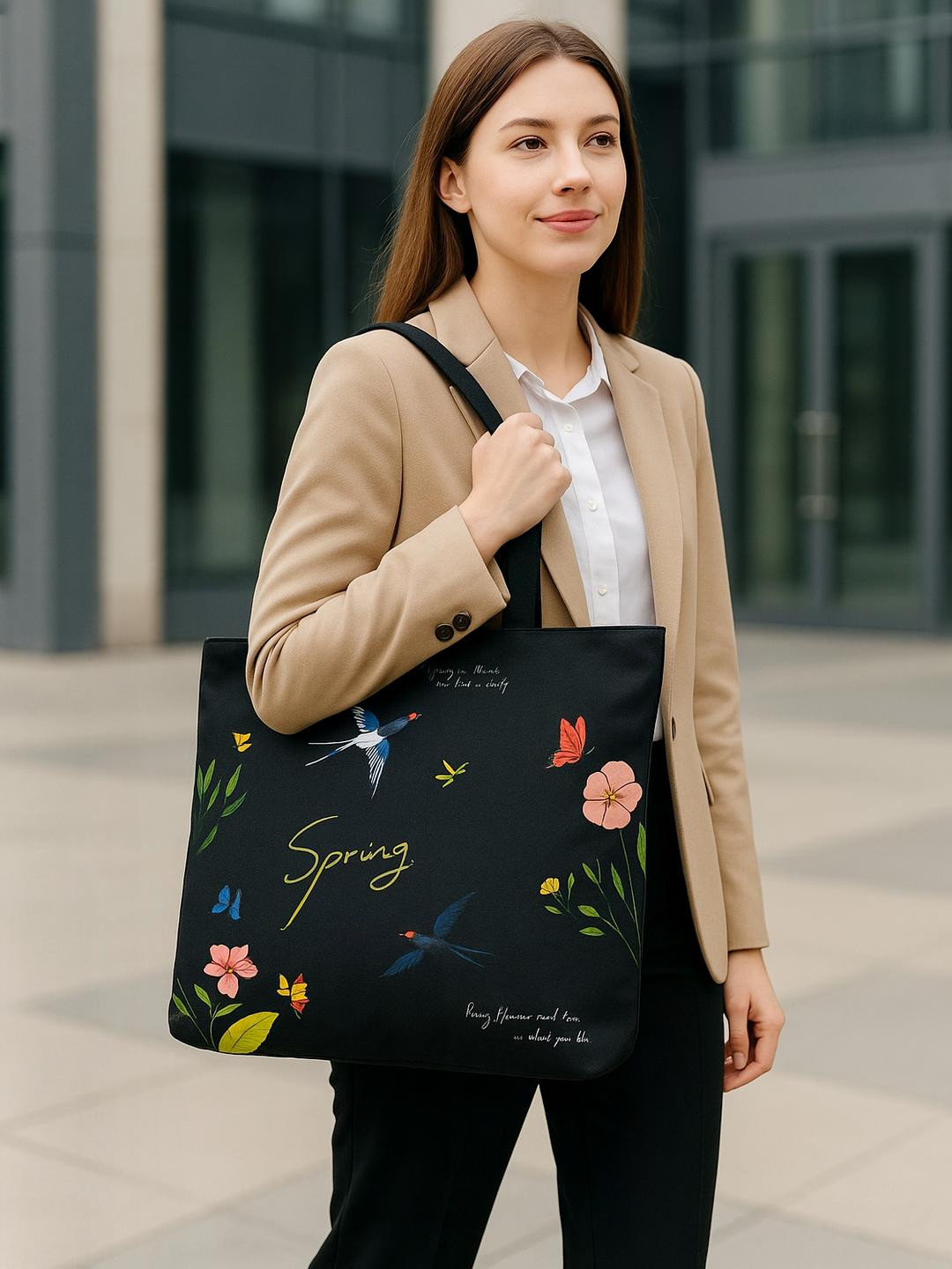 HSR Women Black Floral & Bird Print Zipper Closure Canvas Tote Bag