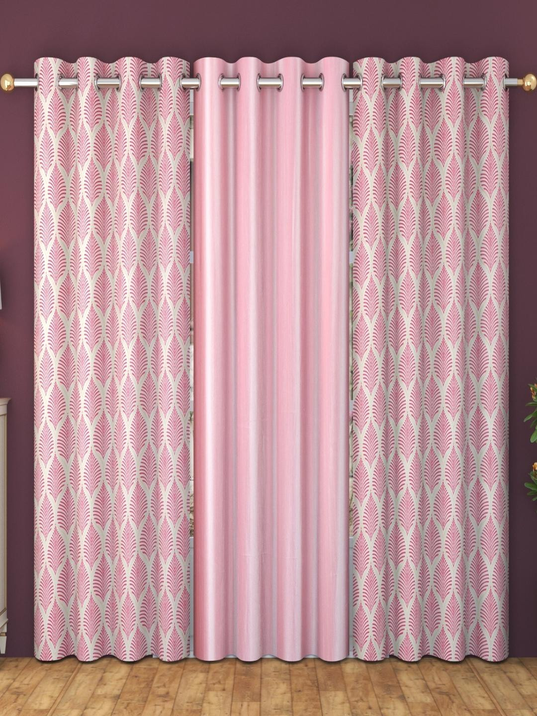 AADI TRADERS Pink Set of 3 Floral Curtains