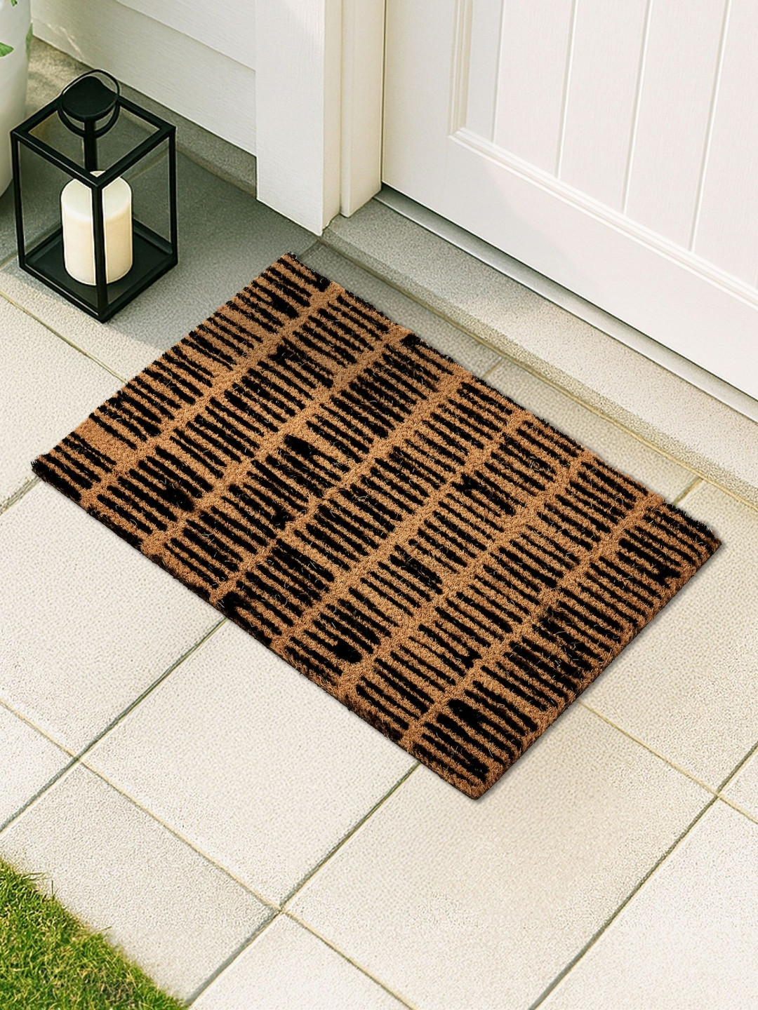 Home Centre Stencila Striate Brown & Black Printed Coir Rectangular Doormat
