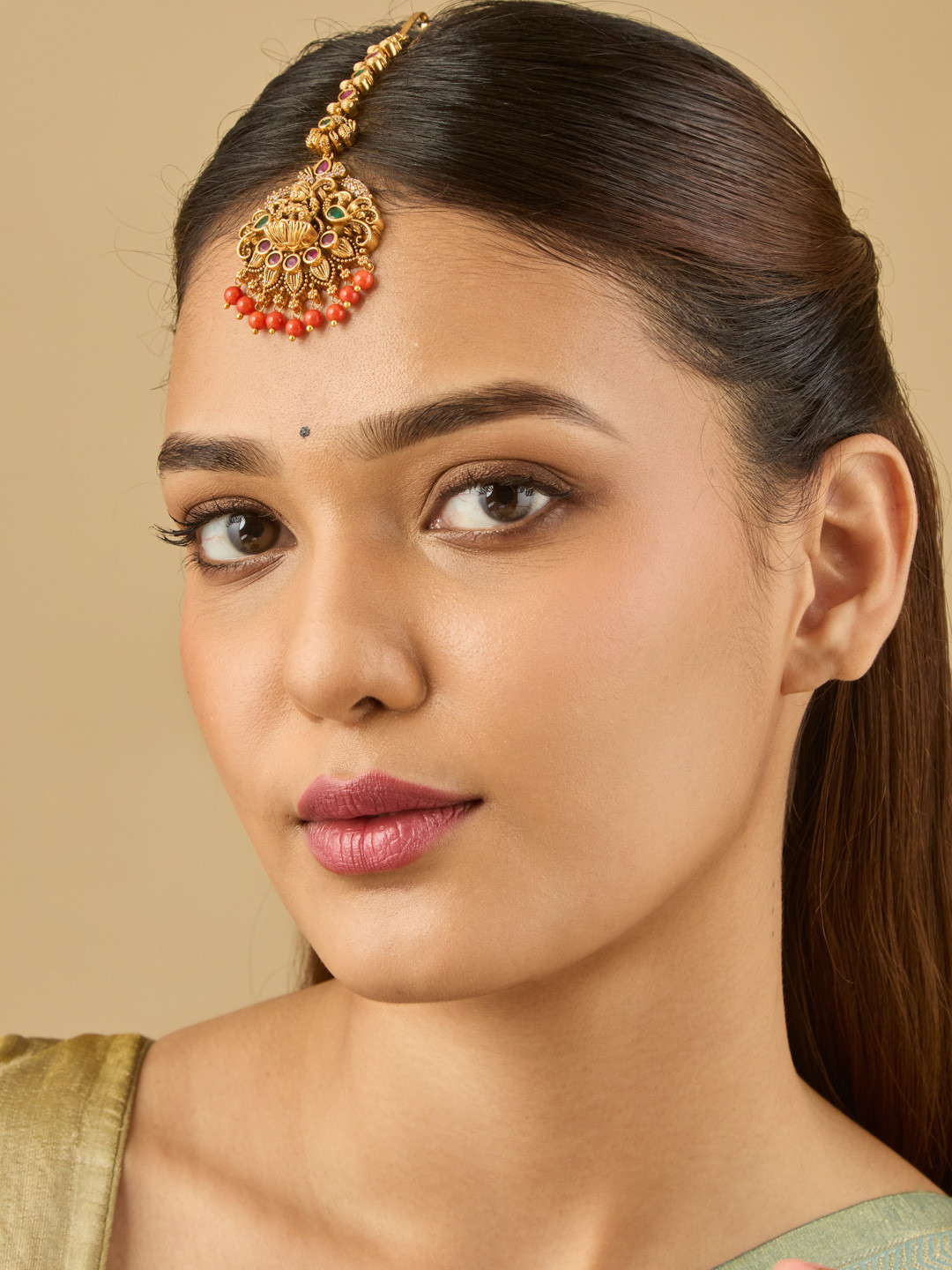 Kushal's Fashion Jewellery Gold Plated Ruby Studded Antique Maang Tikka