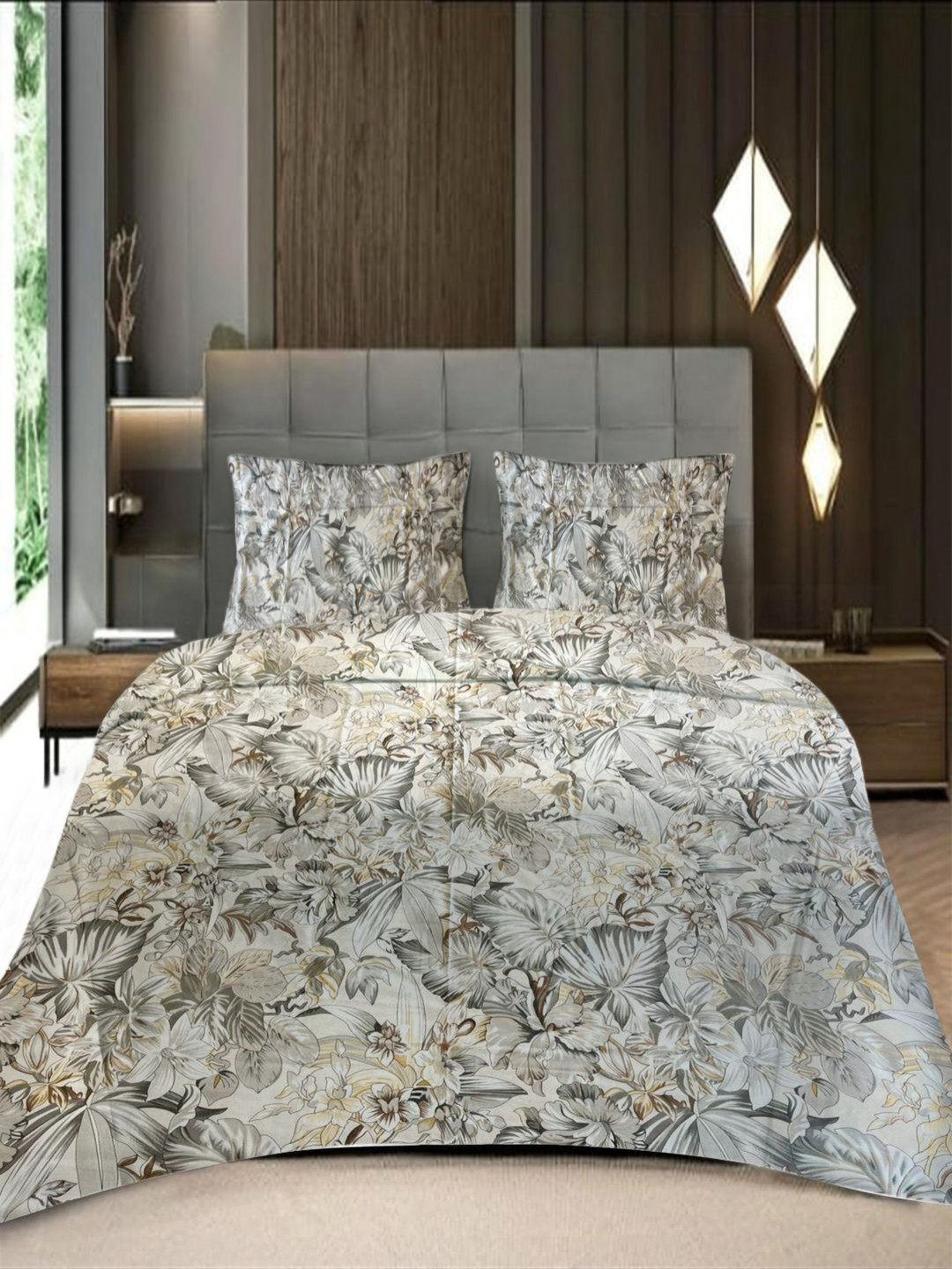 Threadwear Grey & Off White Printed 400 TC Cotton Super King Bedsheet Set 2.75 m x 2.75 m