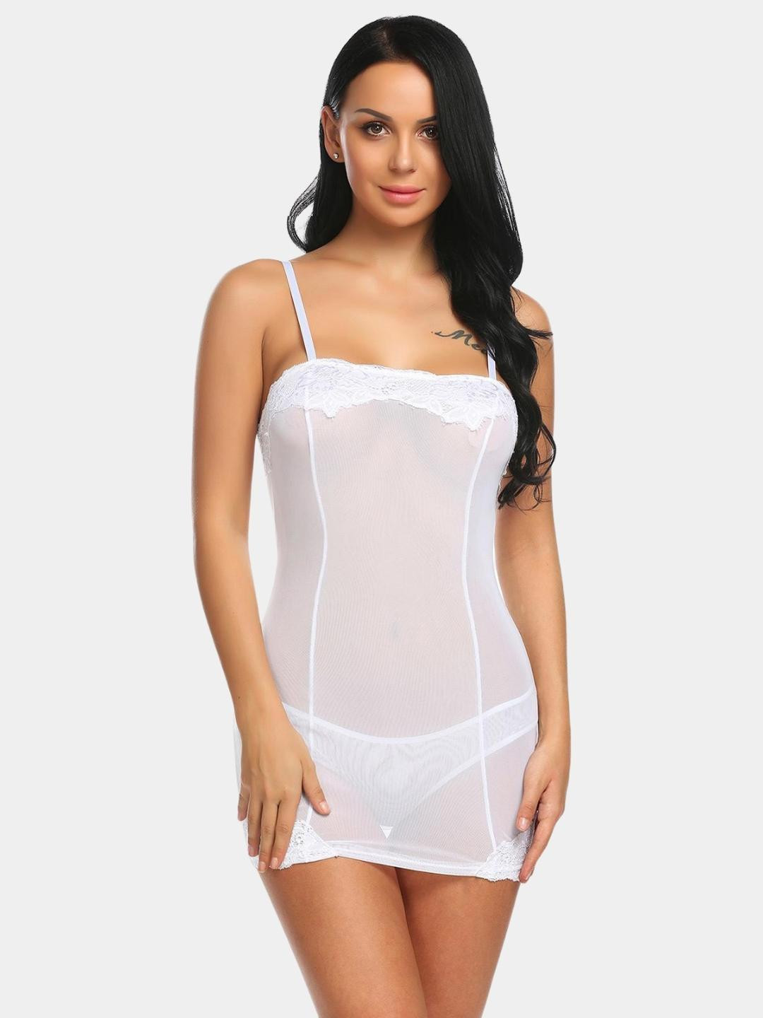 MYZA Women White Nylon Sweet Heart Neck See Through Baby Doll With Brief