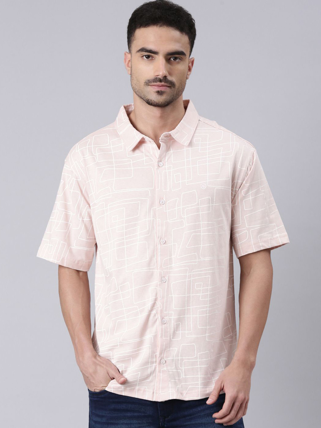Classic Polo Men Geometric Printed Spread Collar Cotton Casual Shirt