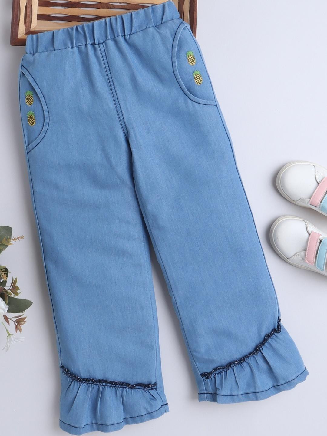 BRIGHT STARS KIDSWEAR Girls Embroidered Mid-Rise Jeans With Elastic Waist & Ruffled Hem