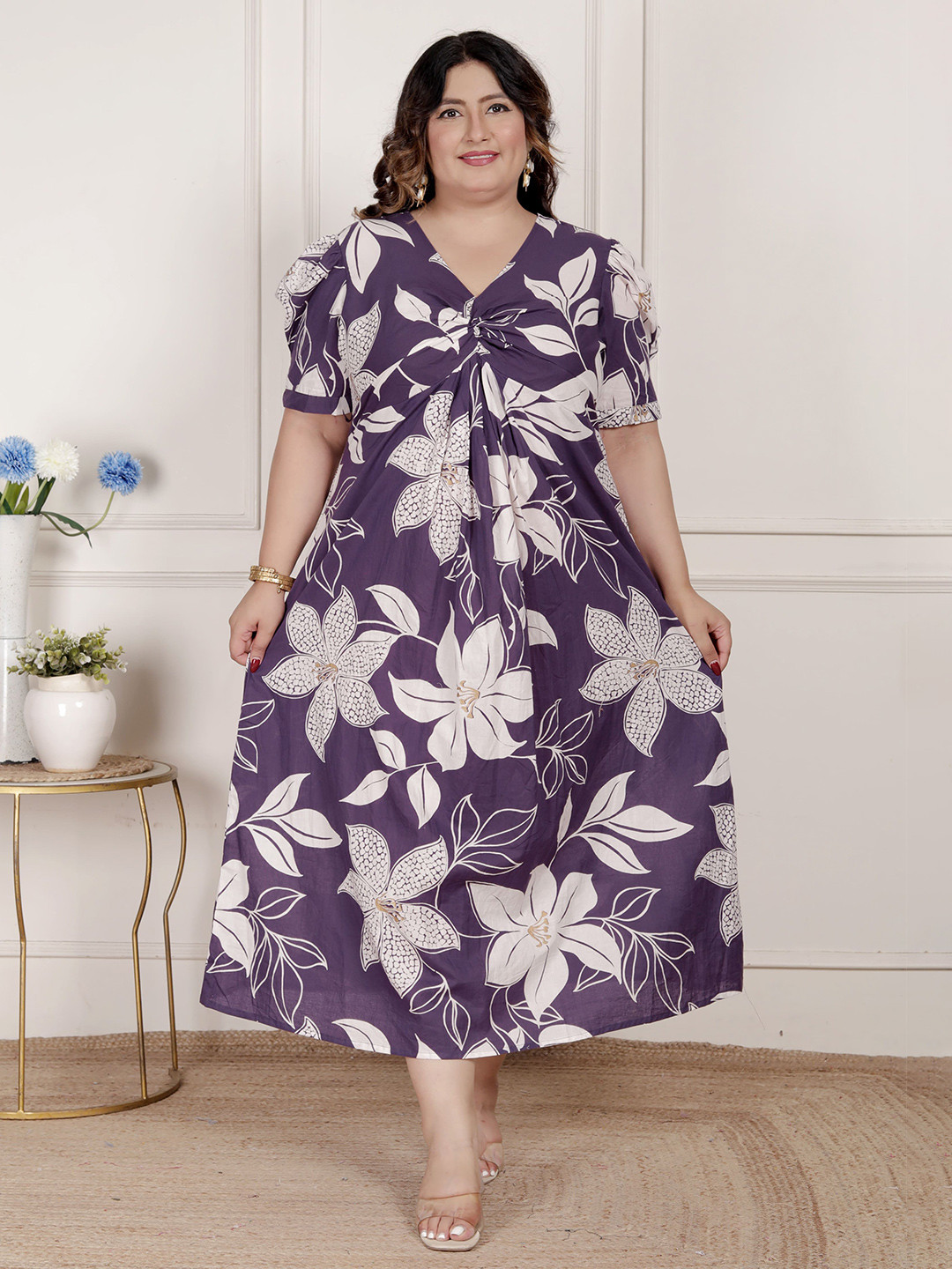Doriyaan Women Plus Size Floral Printed Puff Sleeve Ruched Cotton Empire Maxi Dress