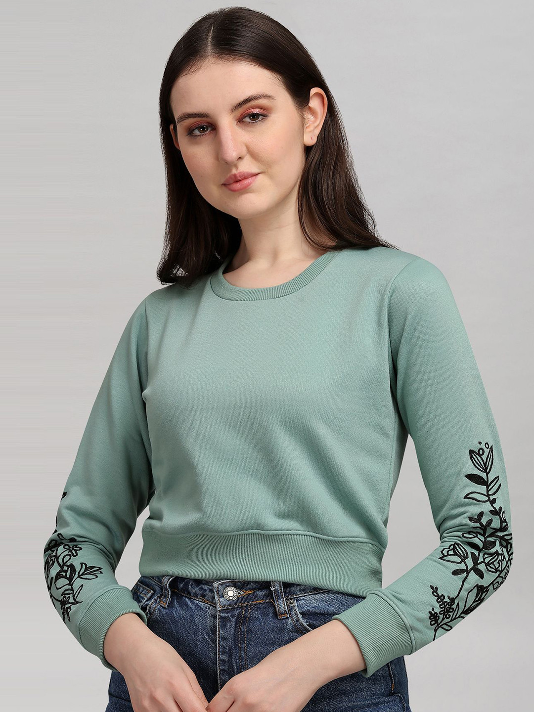 Selvia Women Crop Top With Floral Embroidery Sleeve