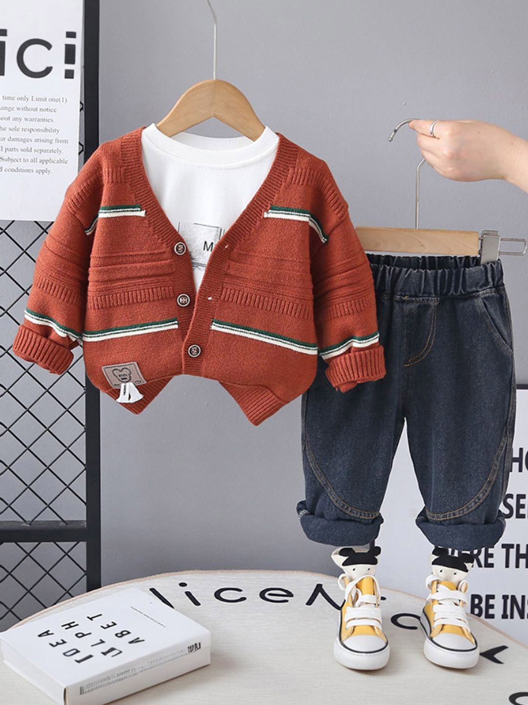 INCLUD Infant Boys Red Self-Design V-Neck Cardigan With T-Shirt And Denim Pants