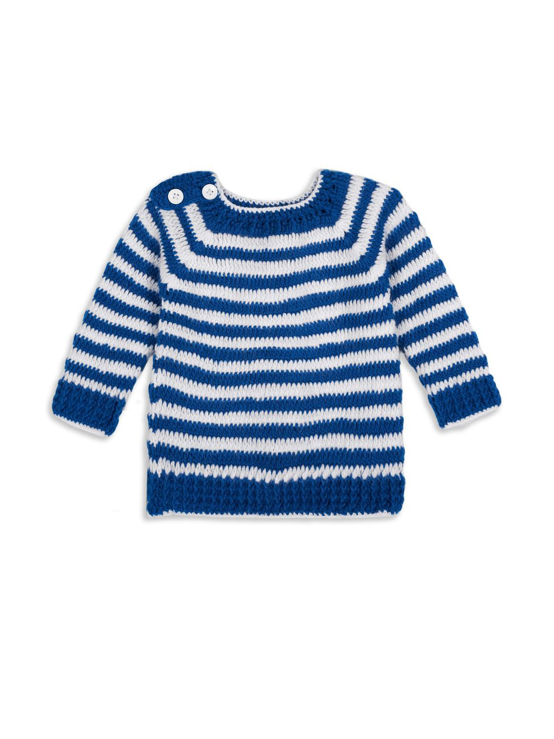Star Lath Unisex Kids Blue & White Striped Woolen Round Neck Long Sleeves Sweater