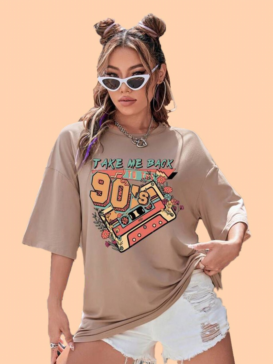 Christy World Women Graphic Printed Round Neck Oversized T-shirt