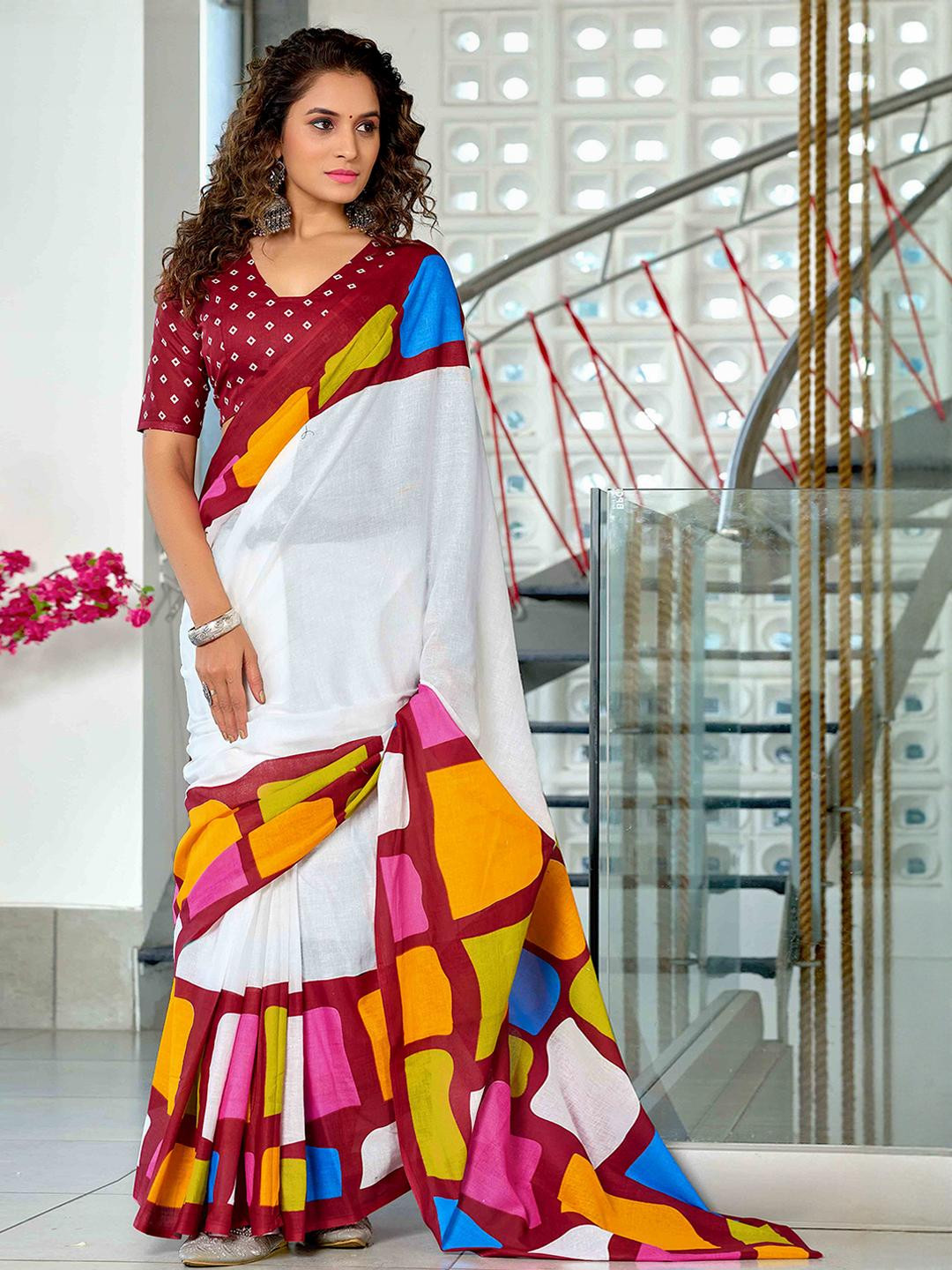 Peachmode White Pure Cotton Printed Saree