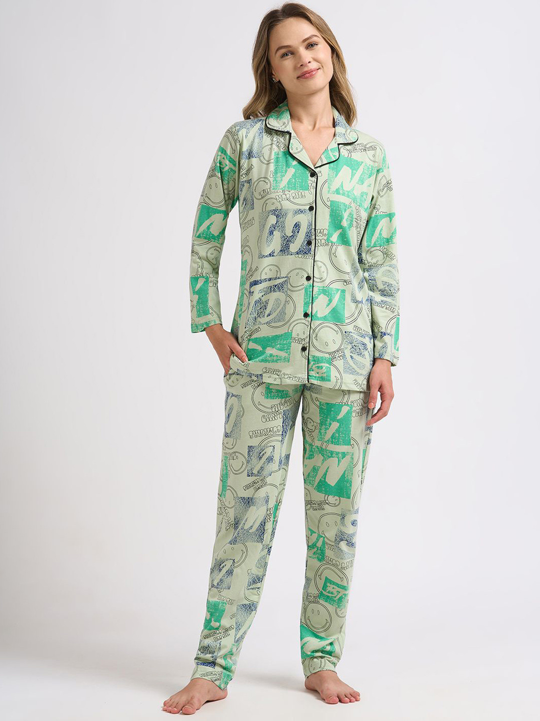 Juliana Dream Women Abstract Printed Lapel Collar Shirt & Pyjamas Night suit