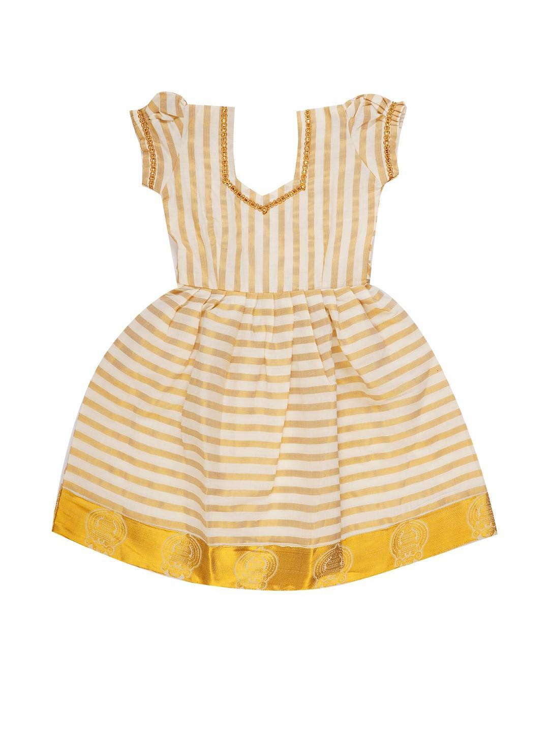 SKV Ethniverse GirlsPadmaavathi's Kerala Gold jari Striped Border Dress